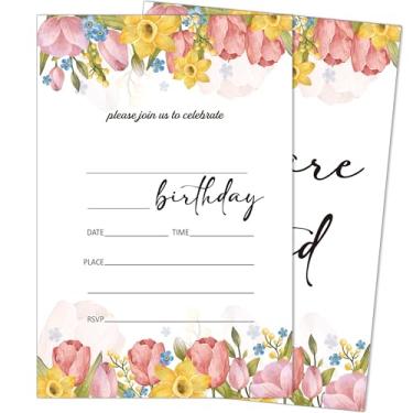 Imagem de heiyihe Convites de aniversário florais, pacote com 20 convites de festa de aniversário para meninos e meninas com envelopes, suprimentos de festa para chá de bebê, 10 cm x 15 cm - D01