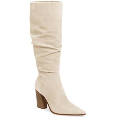 Imagem de PiePieBuy Botas Femininas De Camurça Sintética Até O Joelho, Bico Fino, Salto Alto E Grosso, Zíper Lateral, Botinhas De Festa, Bege, Tamanho 10