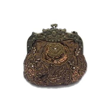 Imagem de CORIOS Bolsa vintage de 1920 com contas para noite com pérolas, bolsa de mão feminina de casamento com lantejoulas e strass, Café, Large