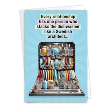 Imagem de NobleWorks Cartão engraçado de aniversário com envelope de 12,7 x 17,8 cm (1 cartão) casal, marido, esposa, aniversário dos pais, parabéns empilhando a máquina de lavar louça C8659ANG