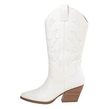 Imagem de Kassie Daniela ~ Julia ~ Botas femininas caubói ocidental costuradas bico fino salto cano médio moda cowgirl, Poliuretano branco, 12