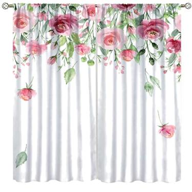 Imagem de Cortinas de flores rosa para casa de fazenda, folhas botânicas, rosa floral, beija-flor, madeira, celeiro, varão, bolso para cozinha, quarto, sala de estar, café, 106,7 x 114,3 cm, estilo 7