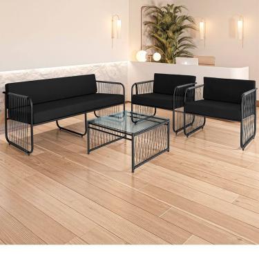 Imagem de Conjunto 2 Poltronas 1 Namoradeira e 1 Mesa de Centro Córdova em Aço Carbono e Fibra Sintética Acesse Móveis