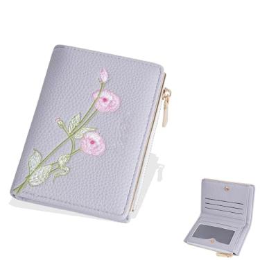 Imagem de Carteira pequena floral feminina linda bolsa de moedas com zíper minimalista porta-cartão de crédito bolsa de couro PU para troca de dinheiro, Roxo claro, Bonita