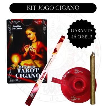 Imagem de Kit Completo Jogo Cigano com 1 Baralho Tarot Cigano 1 Castiçal 1 Vela 