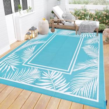 Imagem de Bsmathom Tapete impermeável para ambientes externos, 2,7 x 3,7 m, grande, reversível, boho, plástico, palha, terraço, praia, piscina, azul-petróleo