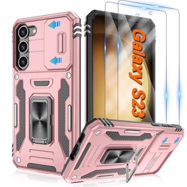 Imagem de ATUMP Capa para Samsung Galaxy S23 com [pacote com 2] protetor de tela HD e capa de câmera deslizante, anel de rotação de 360° [grau militar] capa protetora à prova de choque para Galaxy S23 5G 6,1