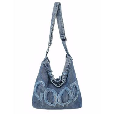 Imagem de YANPLS Bolsa jeans Hobo feminina grande casual transversal bolsa de ombro jeans azul, Azul, Large