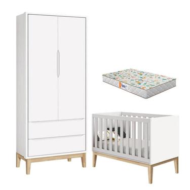 Imagem de Berço Americano e Guarda Roupa 2 Portas New Classic Branco com Pés Madeira Natural e Colchão Gazin – Reller
