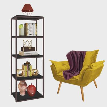 Imagem de Kit Poltrona Fatte com Manta Soft Bordô e Estante Livreiro Ferro Marrom mdf Preto Suede Amarelo - Ahazzo Móveis