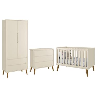 Imagem de Dormitório Infantil Theo Retrô 2 Portas, Cômoda e Berço com Pés Amadeirado - Reller Móveis Areia Fosco