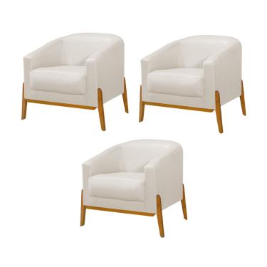 Imagem de Kit 3 Poltronas Living Base em Madeira Maciça Flórida Linho Crú