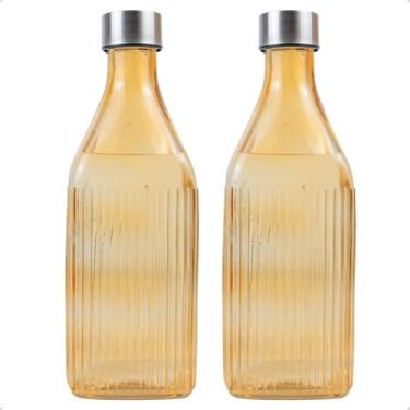Imagem de Kit 2 Garrafas Quadrada De Vidro Canelado com Tampa 1l Colorida para Geladeira (Âmbar)