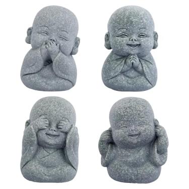 Imagem de Framendino, Pacote com 4 mini estátuas de arenito de buda pequeno monge budista rindo conjunto de esculturas para riqueza espiritual boa sorte Feng Shui 4,16 cm