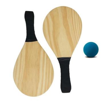 Imagem de Kit 2 Raquete Madeira Frescobol Praia e 1 Bola Borracha - Delverano