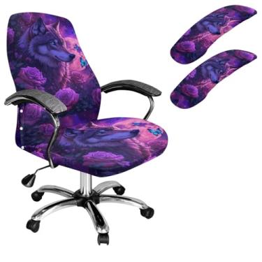 Imagem de Uorisanigo Capas de assento para cadeira de escritório lobo roxo lobo, pacote com 3 capas para cadeira de escritório com descanso de braço, capas elásticas para cadeira de computador, lavável, grande
