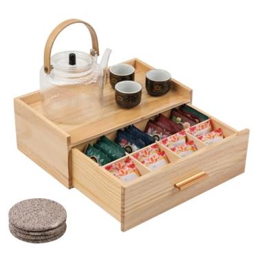 Imagem de Organizadores de chá e caixa de armazenamento organizador de estação de chá para bancada com 4 porta-copos de tecido de algodão de madeira de pinheiro, saquinhos de chá, gaveta e suporte de saquinho