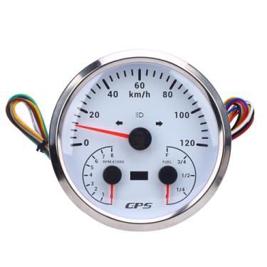 Imagem de 110mm 4-3/8in 3 Em 1 GPS Speedometer Tacômetro Com Sinal de Giro de Giro de Combustível DC 9-32V 120 Km H 8000 RPM Luz de Fundo Vermelho para Os Caminhões de (Dial Branco Moldura