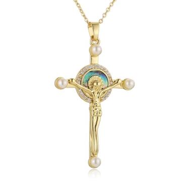 Imagem de HZMAN Colar de cruz crucifixo para mulheres, delicado banhado a ouro 14K, pingente de cruz, joia de fé cristã, presente, Latão, Zircônia cúbica