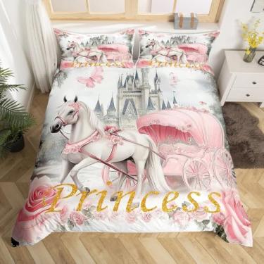 Imagem de Jogo de cama castelo sonhador solteiro, carruagem de cavalo, rosa (sem enchimento), 2 peças para crianças, adolescentes, jardim, flor, fantasia, conjunto de cama macio para decoração de quarto