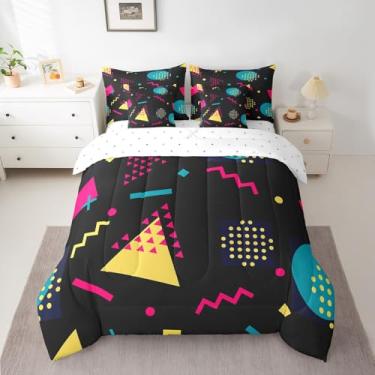 Imagem de Conjunto de edredom Memphis, 7 peças, estilo geométrico, retrô dos anos 80 e 90, para crianças, vintage, círculo triangular, em uma bolsa com edredom, lençol de cima e fronhas