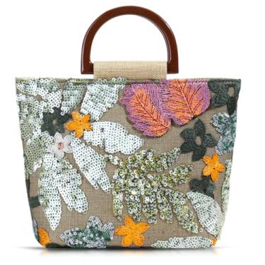 Imagem de QTKJ Sacola feminina, exclusiva bolsa de palha bordada com alça de madeira, bolsa quadrada para ocasiões importantes, trabalho, viagens (prata), Prata, One Size