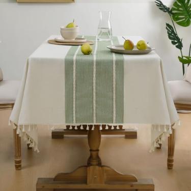 Imagem de Softalker Toalha de mesa retangular para uso ao ar livre, toalhas de mesa de linho de algodão com borla, tecido pesado sem vincos, capa de mesa para jantar/festa/rústica – 139 x 213 cm, linhas de