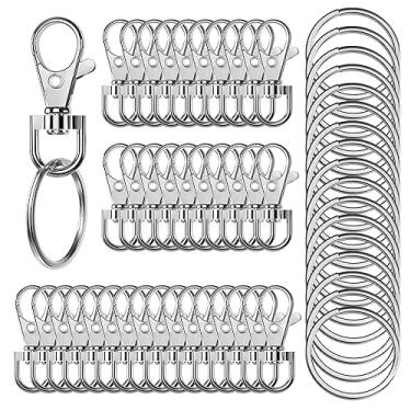 Imagem de Sugiury 100 Peças De Chaveiros Giratórios Premium Com Ganchos Pressão E Argolas, Clipe Chaveiro Metal Anel, 50 Corrente Anéis Para Cordão, Artesanato, Fabricação Joias, Prata 35 Mm/1,38 Polegadas
