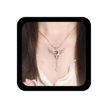 Imagem de Ximdble Colar com pingente vintage de cristal mágico boho rosa coração amor colar strass asa de anjo rosa brilhante CZ coração amor gargantilha colar joia para mulheres