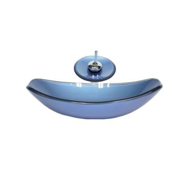 Imagem de Cuba de vidro oval chanfrada 46cm azul + valvula + torneira cascata - 