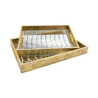 Imagem de Bandeja Retangular Em Plástico Craquelado Dourado La Home 35x25cm