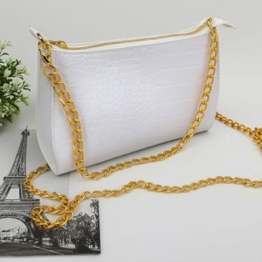 Imagem de Bolsa Feminina Transversal Inspiração Zadig 2 Alça de Corrente Bag Corrente Dupla Festa Casual (Branco com Dourado)