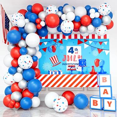 Imagem de Guirlanda de balão vermelha branca e azul 4 de julho, kit de arco de guirlanda de balão do dia da independência decoração patriótica para festa de beisebol náutica Memorial Day