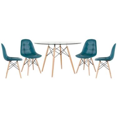 Imagem de Mesa Eames Com Tampo De Vidro 120 Cm + 4 Cadeiras Estofadas Eiffel Botonê Turquesa Turquesa