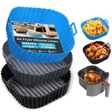 Imagem de Komzon Forros de silicone para fritadeira a ar reutilizáveis, 3 peças, forros de airfryer, forros de cesta de silicone quadrados, acessórios de fritadeira a ar de grau alimentício 4-7 QT, utensílios