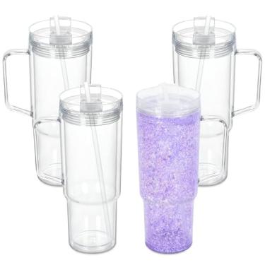 Imagem de Micellwuu Pacote com 4 copos de globo de neve de 1,134 g com alça, copos de globo de neve de acrílico com orifício pré-perfurado, caneca de café de plástico transparente reutilizável de parede dupla