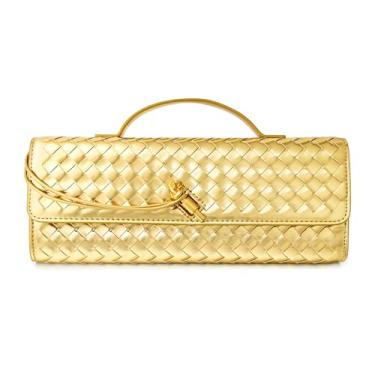 Imagem de Bolsa feminina de tecido para noite, bolsa tiracolo de couro, bolsa formal para noite, Couro trançado dourado