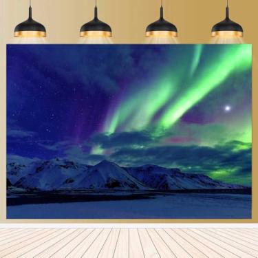 Imagem de Pano de fundo da aurora boreal para decorações de festa tema aurora, montanhas cobertas de neve, paisagem de luzes polares, fundo aurora boreal, cenário de céu noturno, faixa de 2,1 x 1,5 m