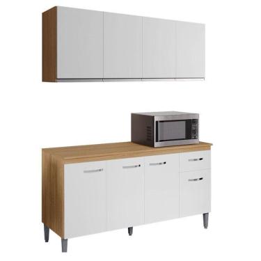 Imagem de Balcão De Cozinha Gabriela Com Tampo 150cm E Armário Aéreo Andréia Amêndoa Branco - Ajl