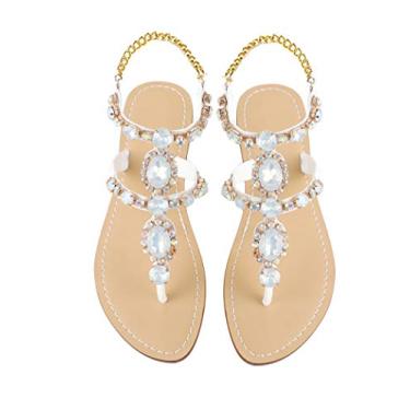 Imagem de ZhuLinFeng Sandália gladiadora feminina com strass, pingtan, sandálias de casamento com pérolas brilhantes para noivas, sandálias azuis boêmias, Branco-2#, 11.5