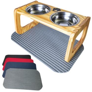 Imagem de Comedouro Elevado para Cães Médios de Madeira Pinus | Acompanha Tapete Emborrachado 53x28cm | Tigelas de Inox | Design Moderno | Tratamento òleo Mineral Atóxico (Cinza)