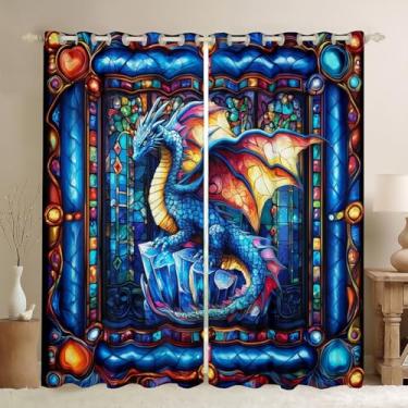 Imagem de Cortinas de janela masculinas com dragão ocidental, vidro voador azul, asa de dragão, cortinas de janela para meninos e meninas, patchwork geométrico, abstrato, gótico, chique, tratamentos de janela
