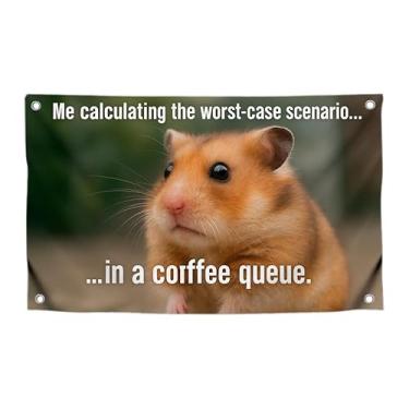 Imagem de Bandeira de hamster triste de 9 x 1,8 m com citação "Me Calculating The Worst-Case Scenario" com quatro ilhós de latão - Faixa de tapeçaria de um lado para decoração de parede - Bandeiras de parede de