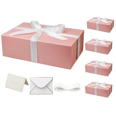 Imagem de YINUOYOUJIA Pacote com 5 caixas de presente rosa com tampa, caixa de presente magnética de 35,5 x 23 x 11,4 cm com fita, cartões e envelopes para presentes, ótima para casamento, aniversários