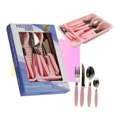 Imagem de Faqueiro inox jogo de talher com porta talher com 25 peças rosa - Be b