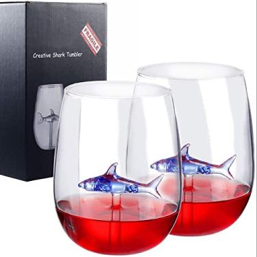 Imagem de Taça de vinho de tubarão, conjunto personalizado de 2 taças de vinho com tubarão dentro, taças de vinho de cristal exclusivas para festa do dia dos namorados mulheres
