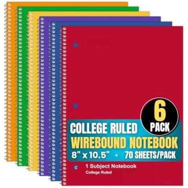 Imagem de 1InTheOffice Caderno espiral para 1 assunto, caderno espiral pautado universitário, 20,32 cm x 26,7 cm, cores sortidas, 70 folhas, pacote com 6