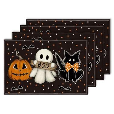 Imagem de Jogo americano Halloween Boo Ghost Pumpkin Black Cat Conjunto de 4 tapetes de mesa sazonais de outono de 30 x 45 cm para casa, cozinha, jantar, festa, decoração interna ao ar livre CD14