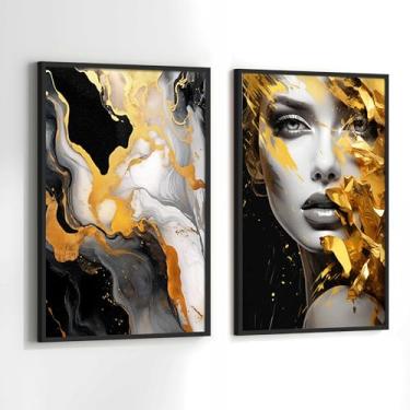 Imagem de Quadros Decorativos com Moldura Mulher Dourada Abstrato Salão Sala Quarto Kit Conjunto 2