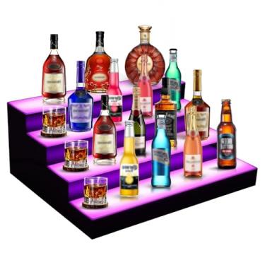 Imagem de Dollate Exibição de garrafa de licor iluminada por LED de 4 camadas, prateleiras de vinho de mesa de LED com controle remoto RF, iluminação ajustável e rack de armazenamento de bebidas em cores para